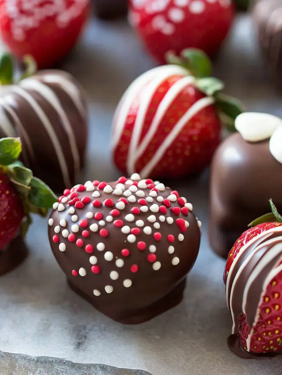 A variety of chocolate-dipped strawberries, some decorated with colorful sprinkles and drizzles, arranged on a gray surface.