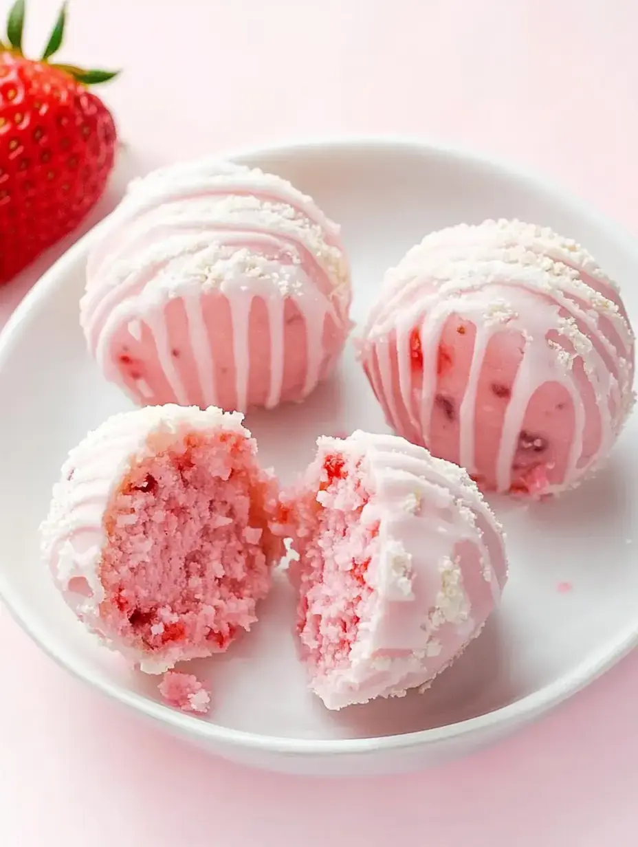 A plate of pink dessert balls with a drizzle of icing and a cut-open piece, revealing a strawberry-filled interior.