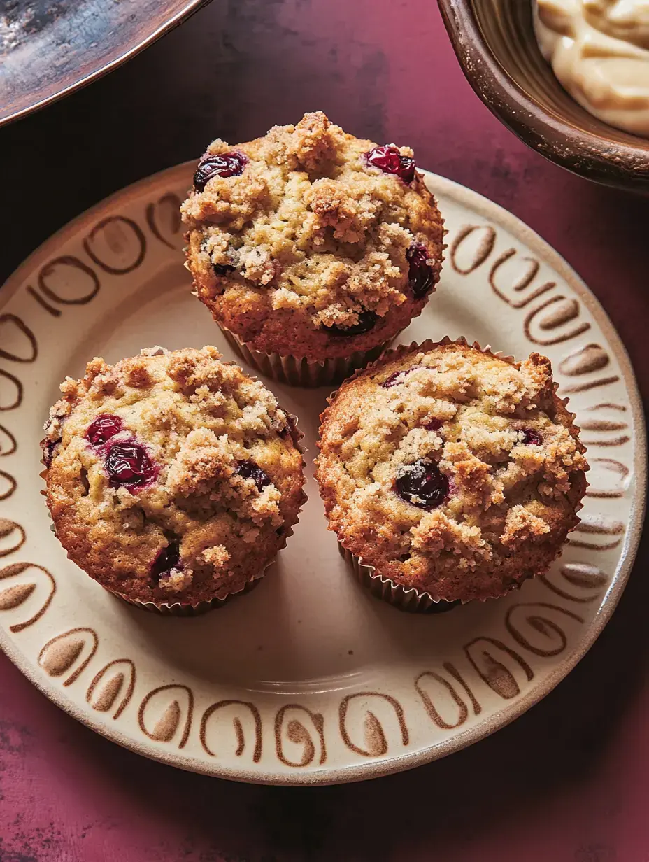 Three cranberry muffins topped with crumbly streusel are arranged on a decorative plate.