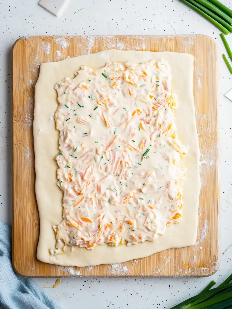 A rolled-out dough on a wooden cutting board topped with a creamy mixture of shredded cheese, herbs, and vegetables.