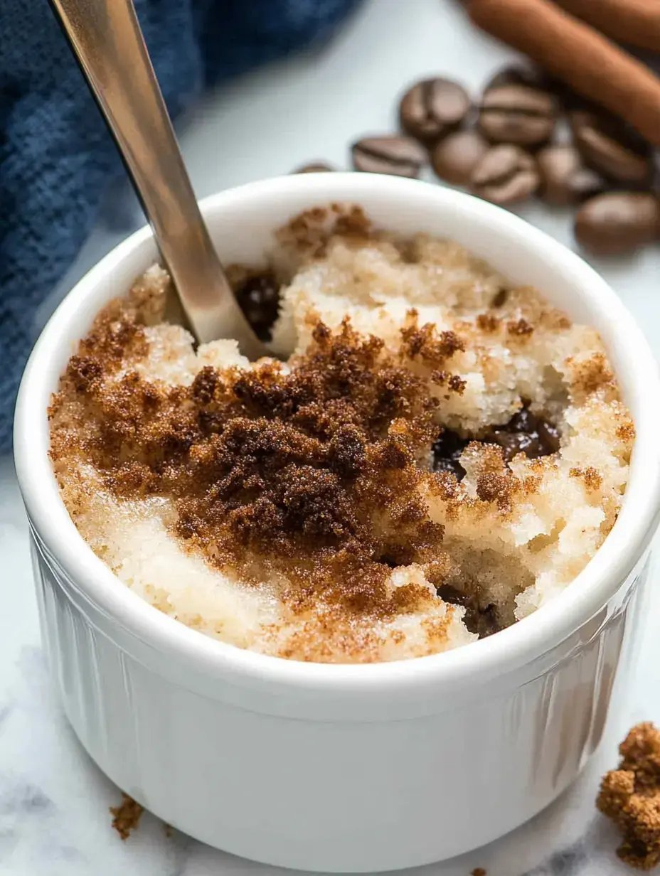 A close-up of a white ramekin filled with a sugary dessert topped with brown sugar, accompanied by coffee beans and a cinnamon stick in the background.