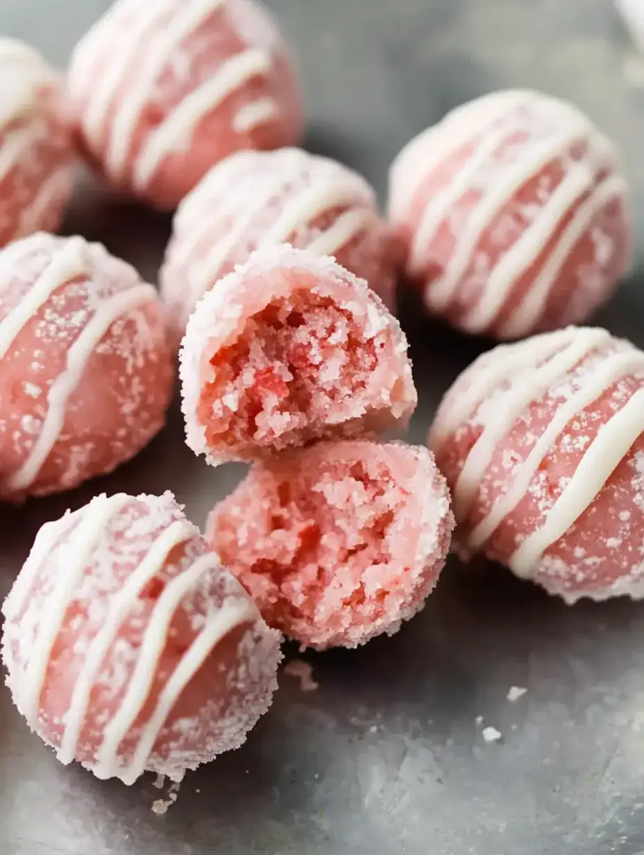 A close-up of pink candy balls coated in sugar and drizzled with white icing, with one ball cut in half to reveal its interior.