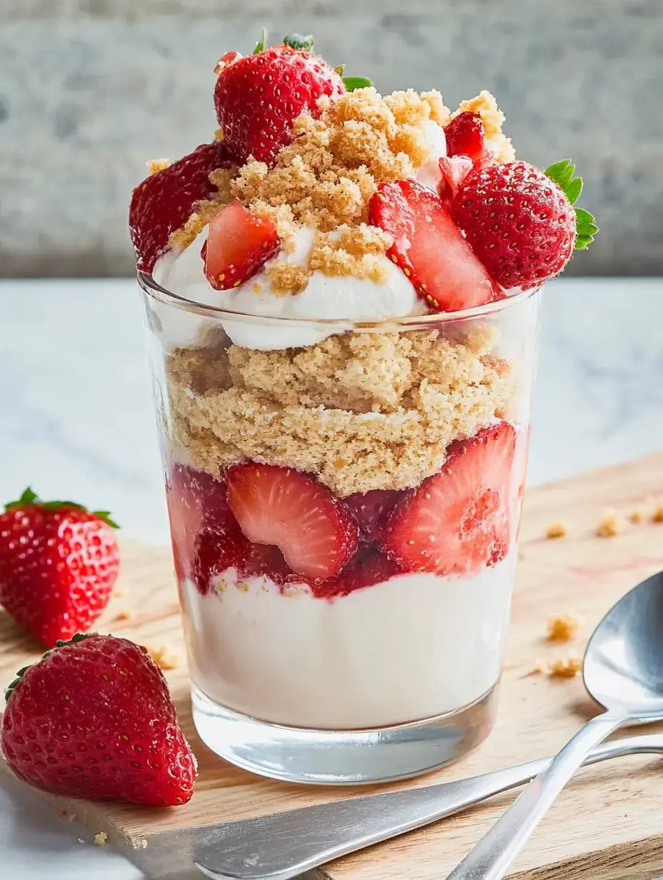 A clear glass parfait is filled with layers of fresh strawberries, whipped cream, and crumbled brown sugar on top, served alongside whole strawberries and utensils on a wooden board.