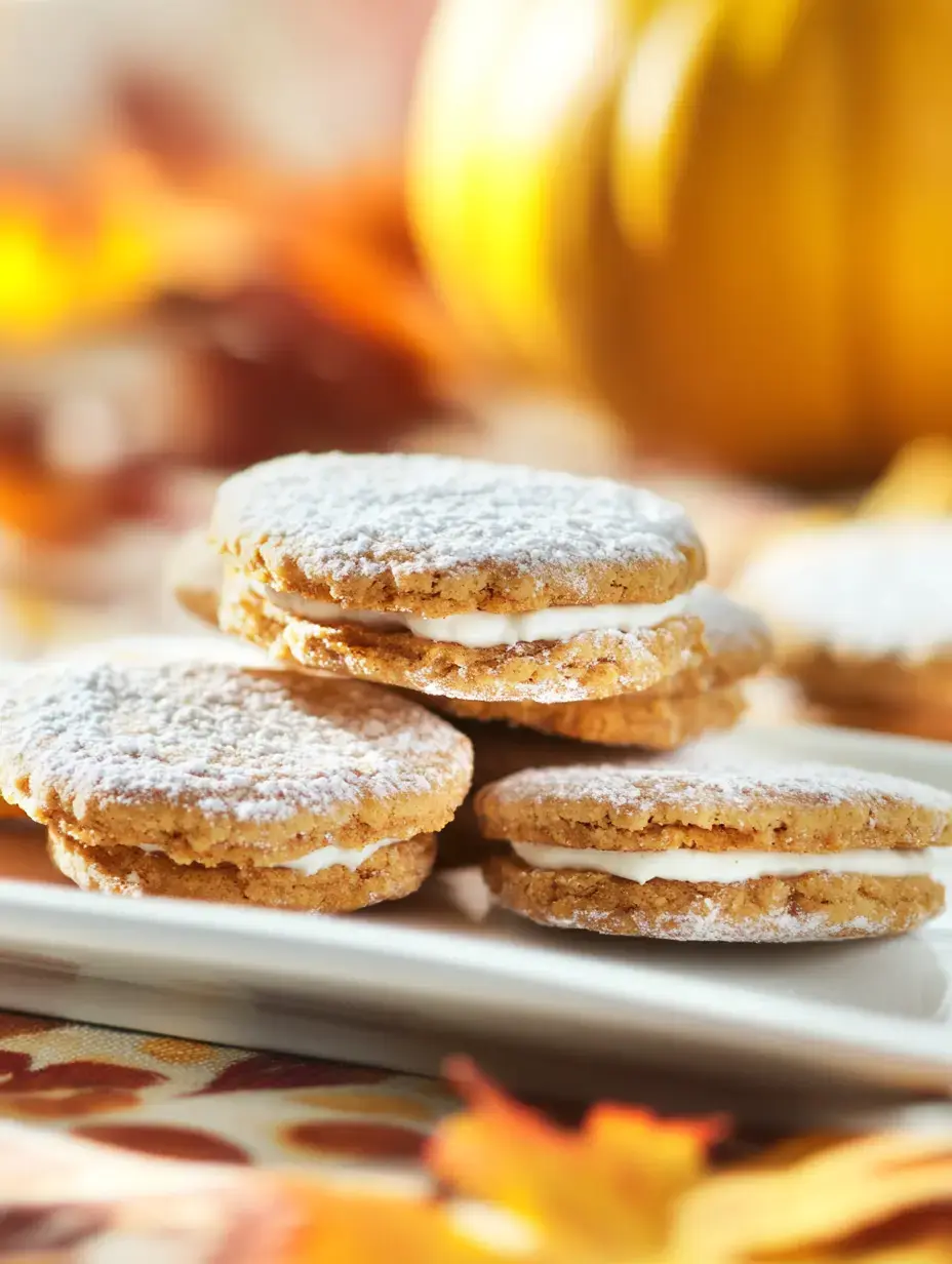 A close-up of powdered sugar-dusted sandwich cookies filled with cream, set against an autumn-themed backdrop featuring a pumpkin and colorful leaves.