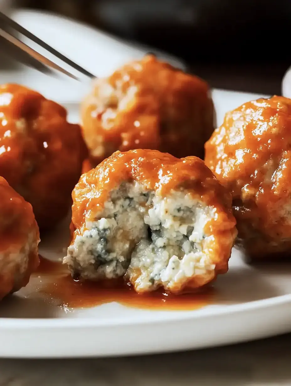 A close-up of meatballs coated in a shiny red sauce, with one meatball cut in half to reveal its filling.