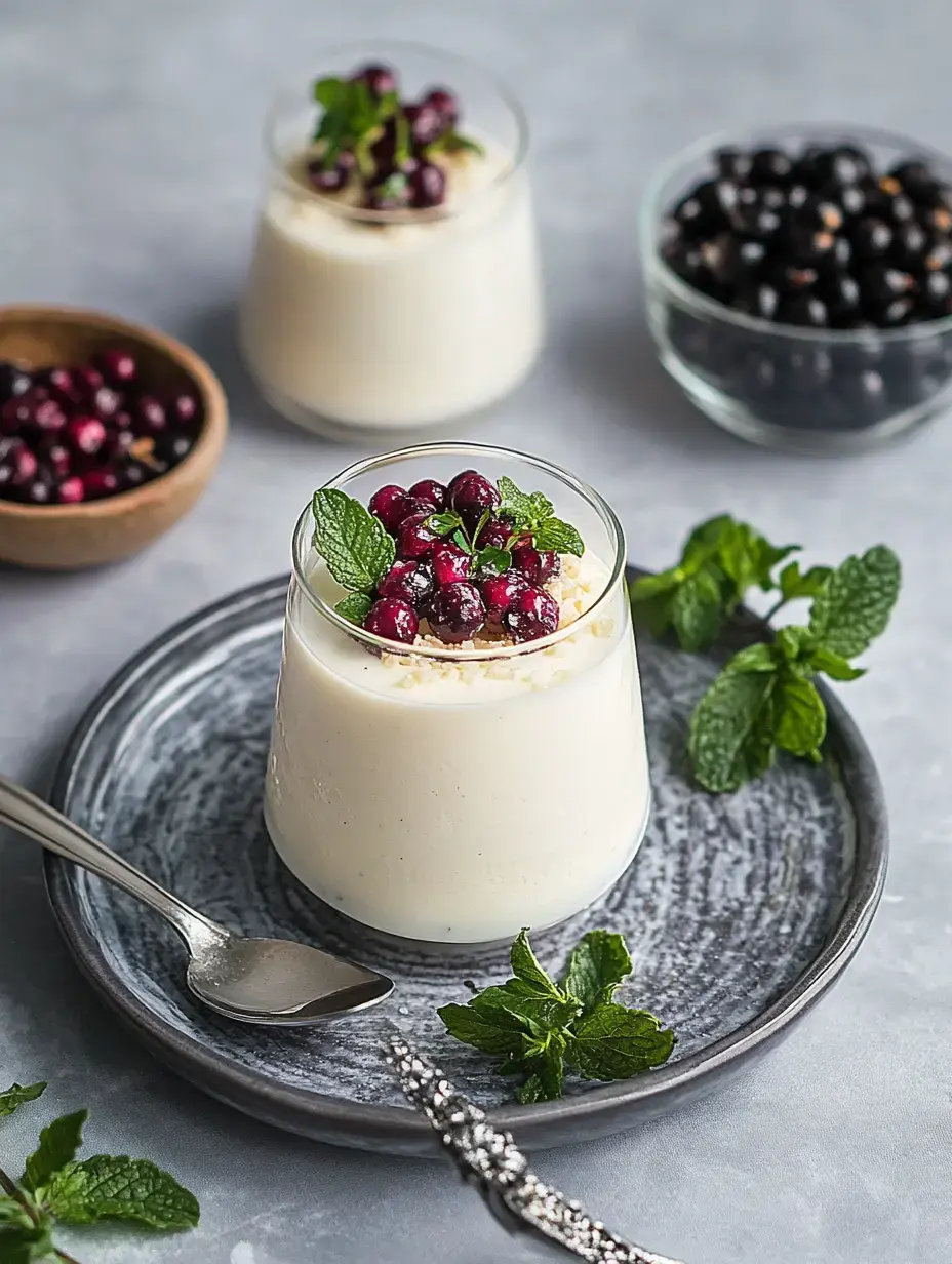 A creamy dessert topped with berries and mint leaves, served on a plate with additional berries in bowls nearby.