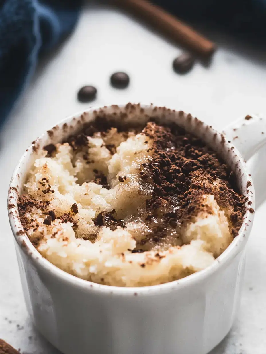 A mug cake topped with cocoa powder and sugar, surrounded by coffee beans and a cinnamon stick.