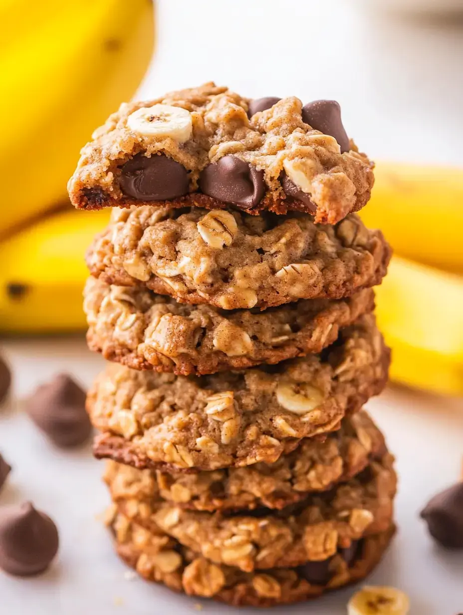 A stack of oatmeal cookies with chocolate chips and banana slices is placed against a backdrop of bananas and chocolate chips.