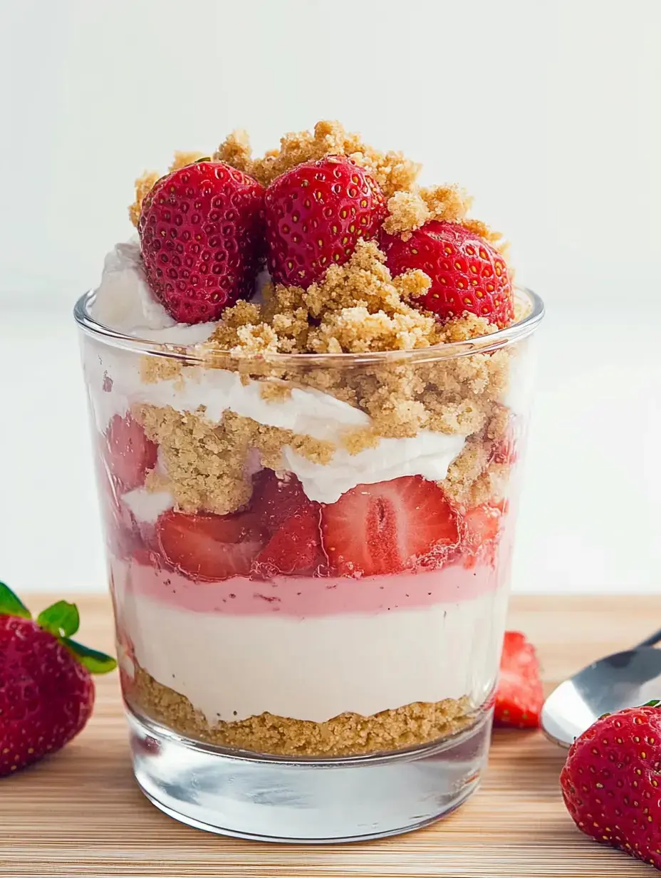 A layered dessert in a glass features strawberries, whipped cream, and crumbled cookie topping.