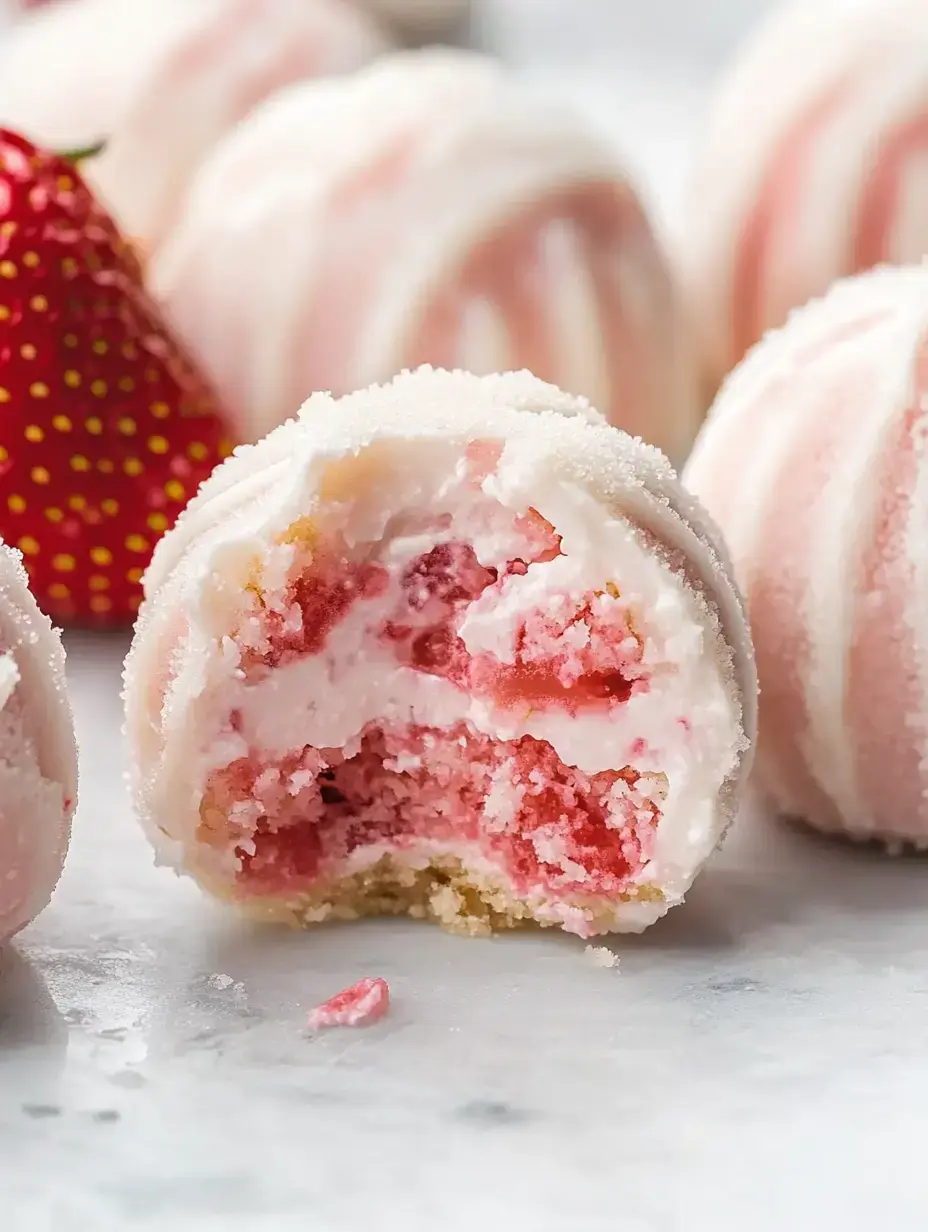 An appetizing close-up of a pink and white dessert truffle, showing a bite taken out that reveals a creamy strawberry filling, alongside fresh strawberries.