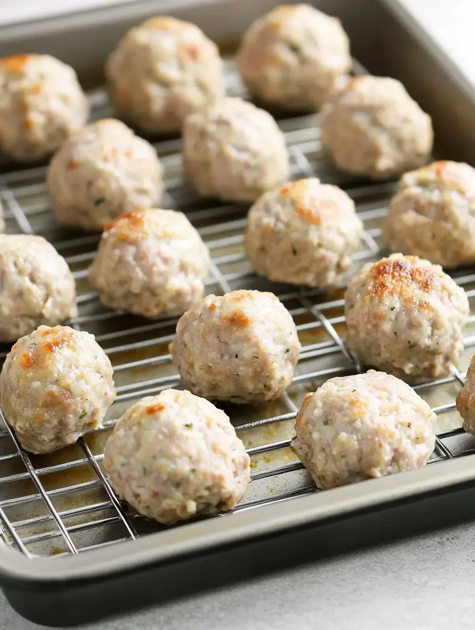 A tray of uncooked meatballs resting on a wire rack.