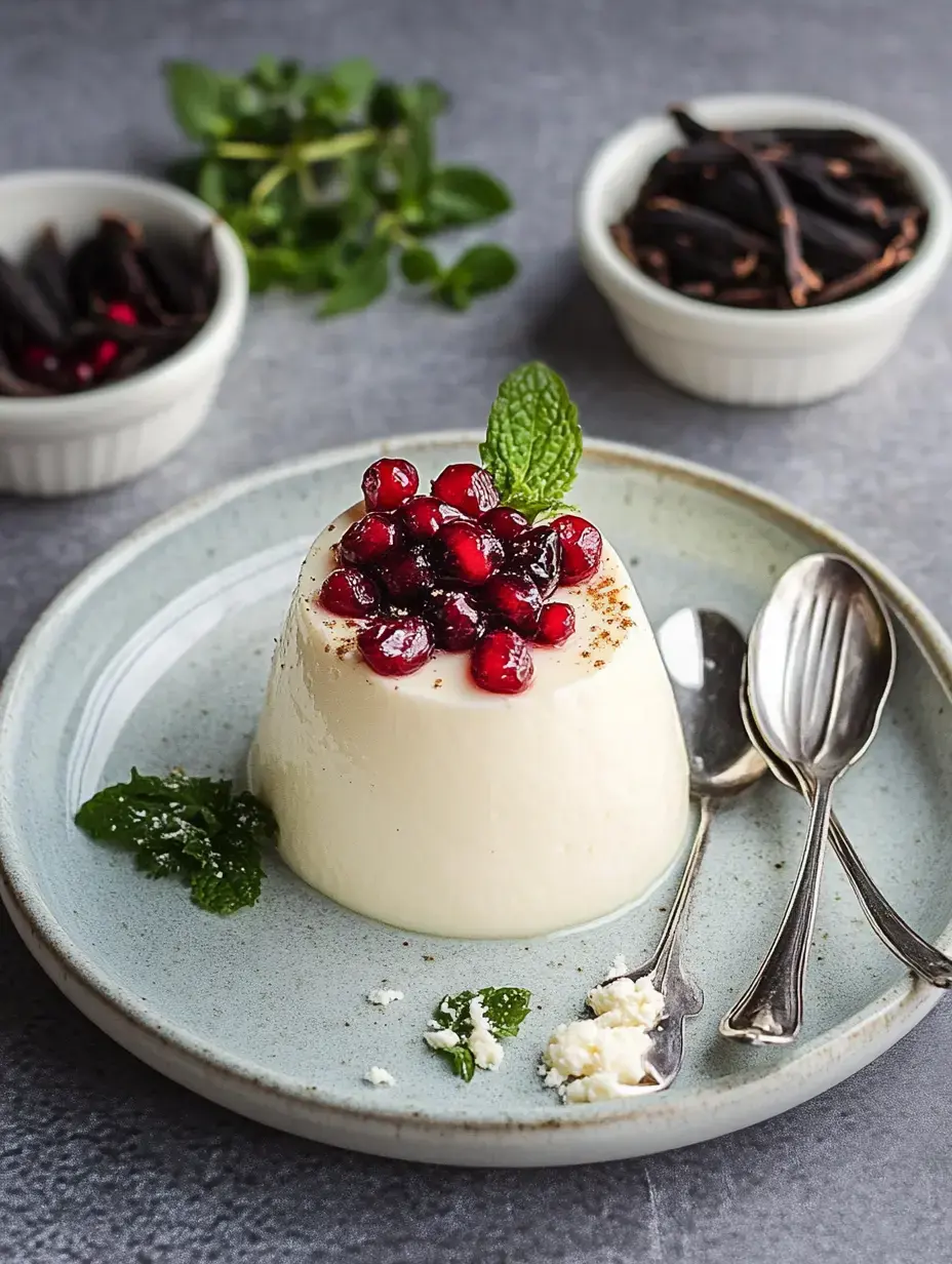 A creamy panna cotta topped with pomegranate seeds and a mint leaf, served on a light blue plate with silver spoons and garnished with mint leaves.