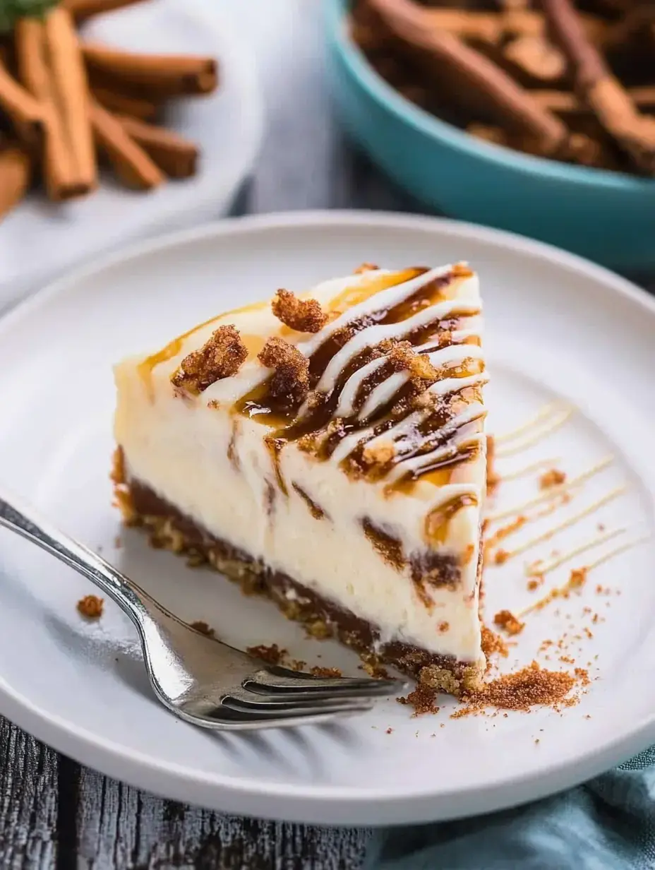 A slice of cheesecake drizzled with caramel and topped with crumbs, served on a white plate with a fork beside it.