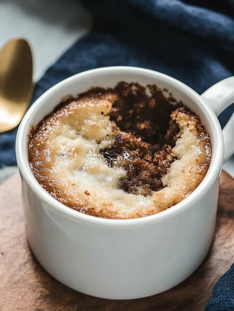 A close-up of a mug cake with a portion removed, revealing its soft, fluffy interior.