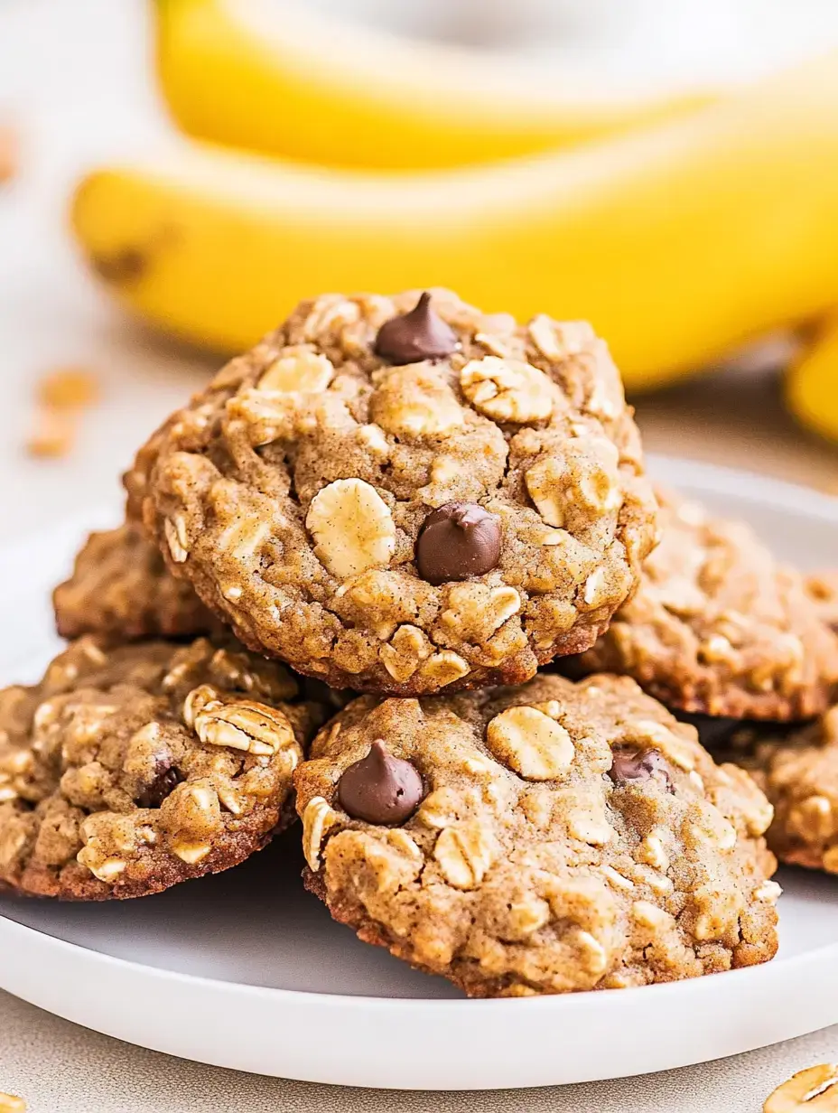 A plate of oatmeal cookies with chocolate chips, accompanied by ripe bananas in the background.