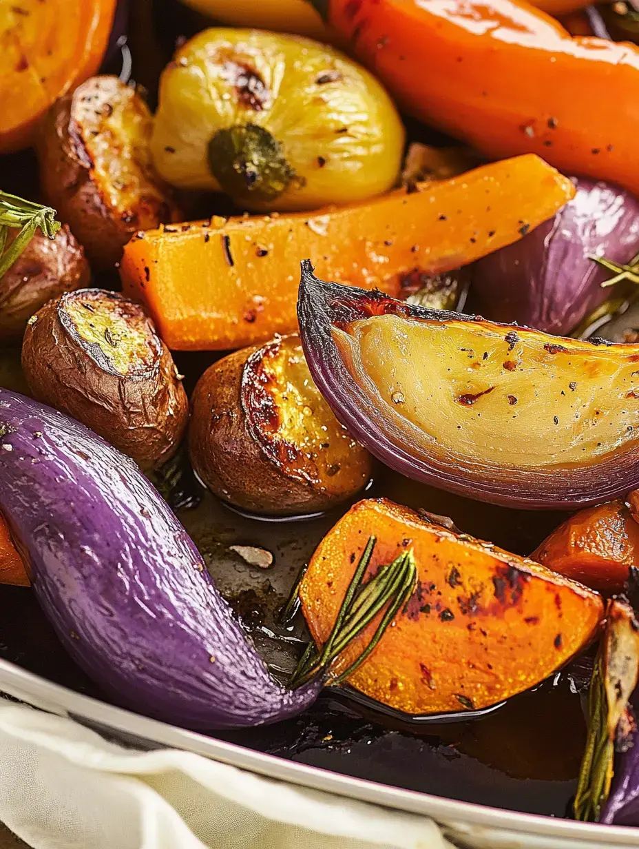 A close-up of a colorful assortment of roasted vegetables, including carrots, potatoes, and onion, garnished with herbs.