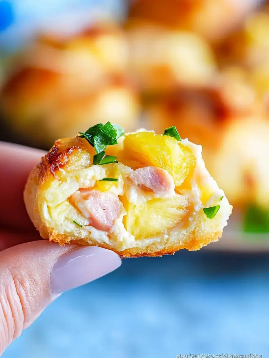 A close-up of a hand holding a bite-sized piece of baked pastry stuffed with ham, pineapple, and herbs.