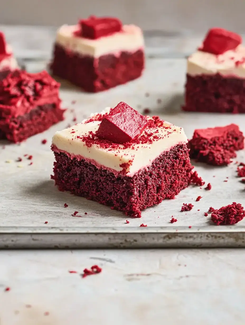 A plate of red velvet cake squares topped with cream cheese frosting and garnished with red crumbs.