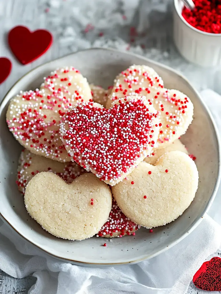 A bowl filled with heart-shaped cookies decorated with red and white sprinkles, surrounded by scattered red hearts.