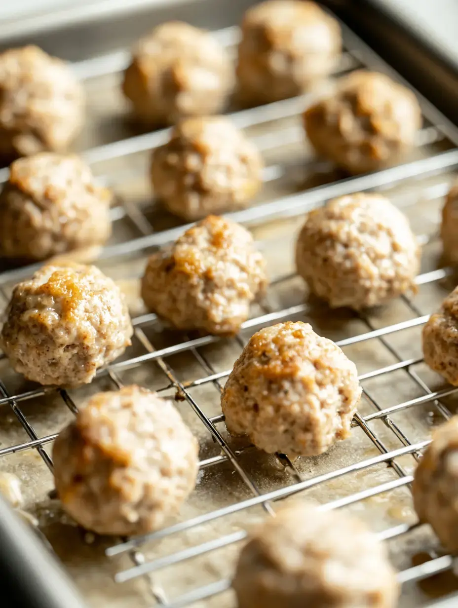 A tray of uncooked meatballs arranged on a wire rack.