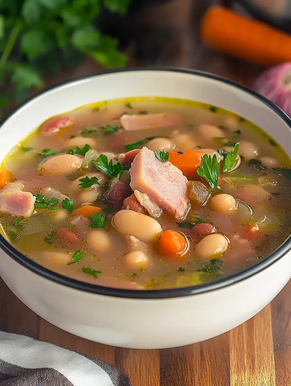 A bowl of hearty bean and vegetable soup, garnished with fresh parsley, sits on a wooden surface.