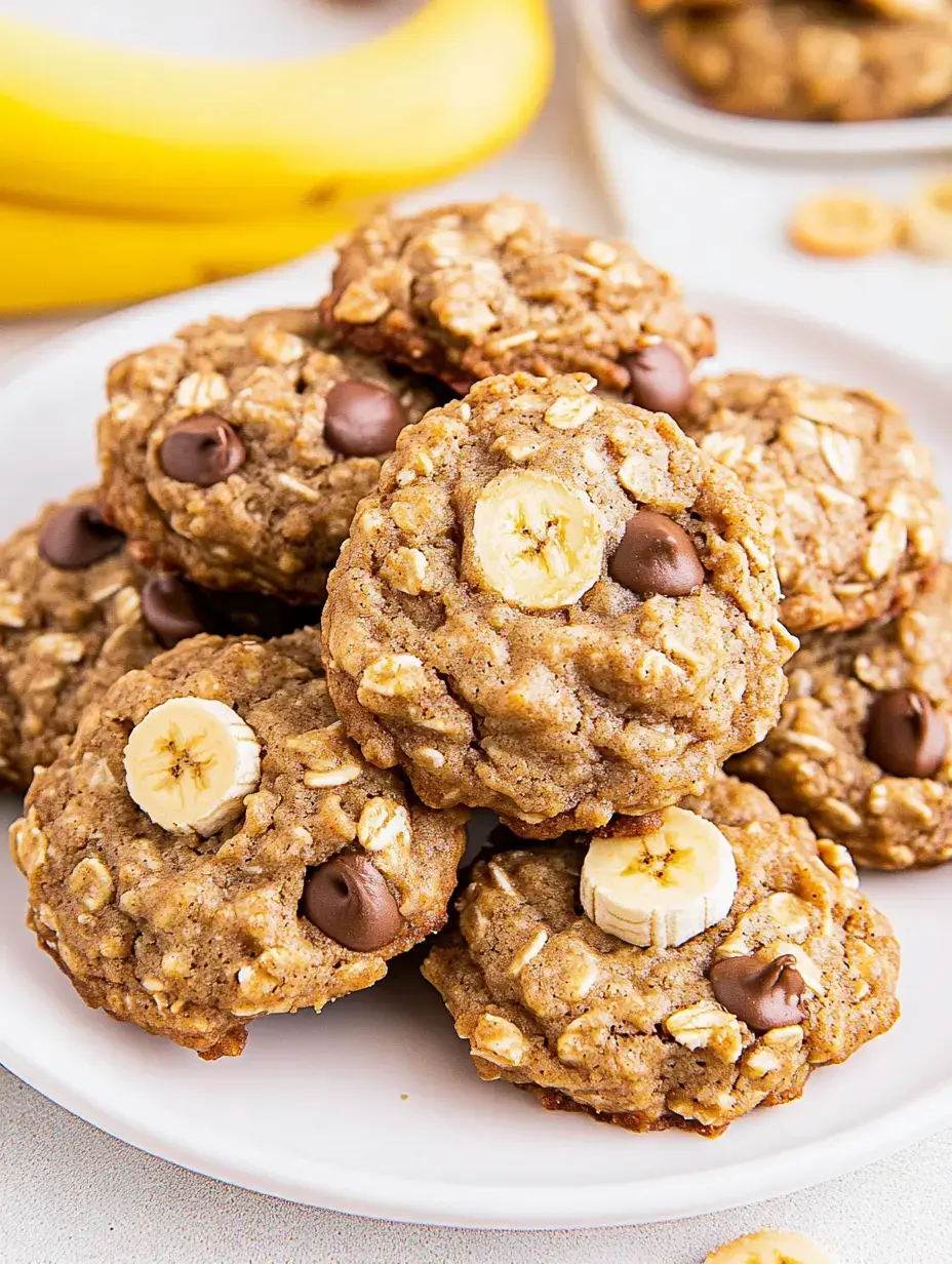 A plate of banana oatmeal cookies topped with chocolate chips and banana slices, with bananas in the background.