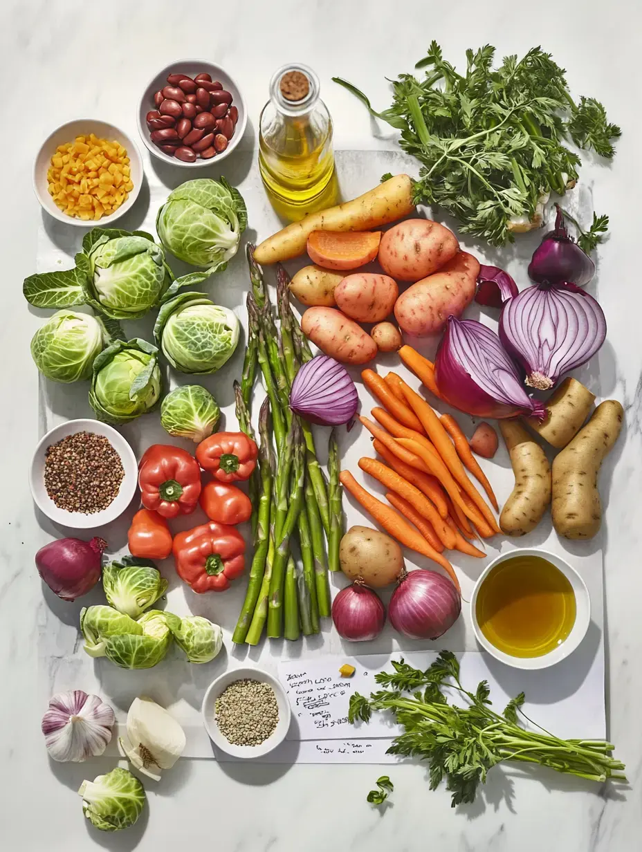 A vibrant array of fresh vegetables, legumes, and herbs, including cabbage, carrots, potatoes, peppers, and onions, arranged on a white surface with olive oil and spices.