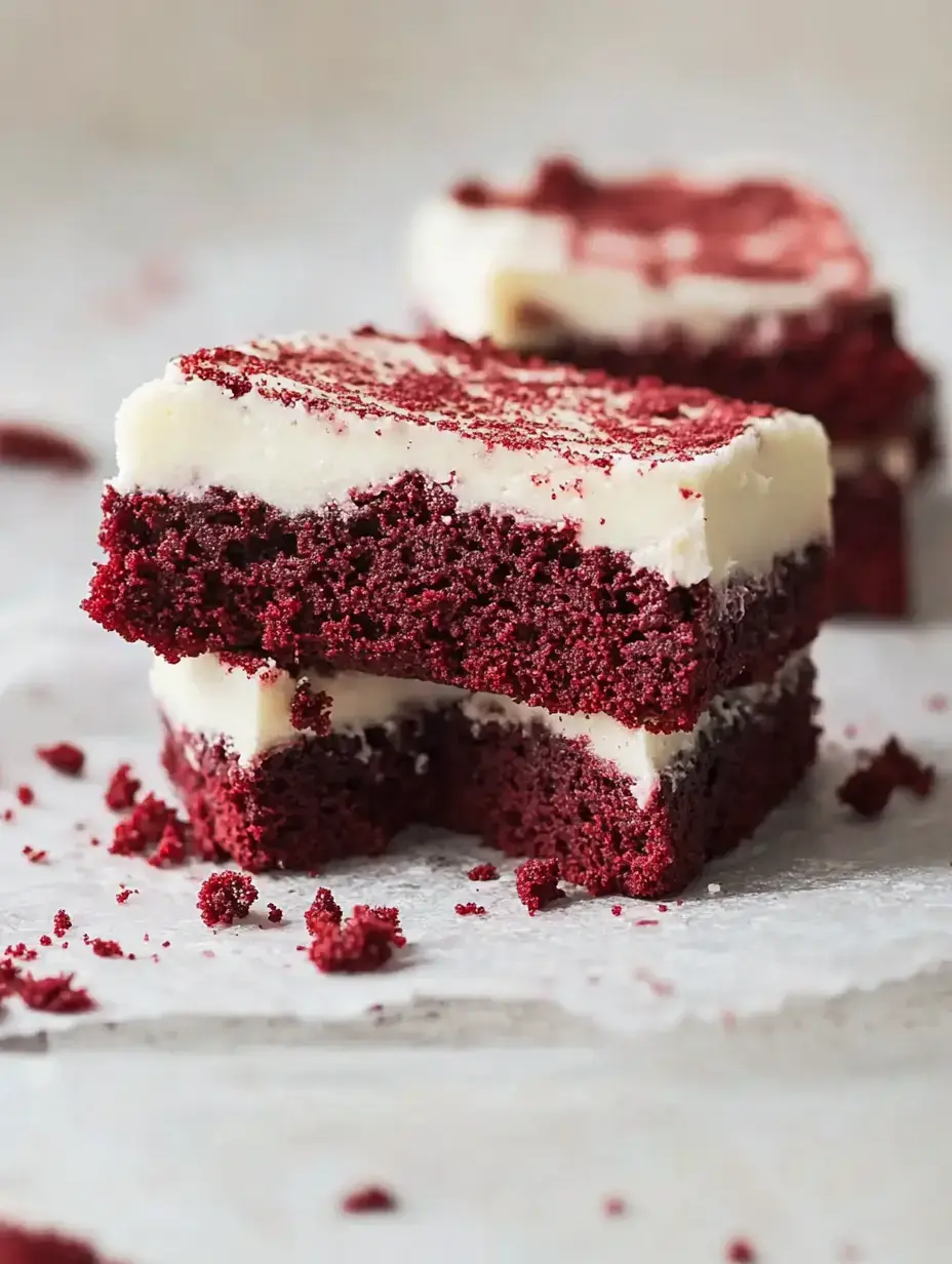 A close-up of red velvet cake squares layered with cream cheese frosting, with some crumbs scattered on a lightly textured surface.