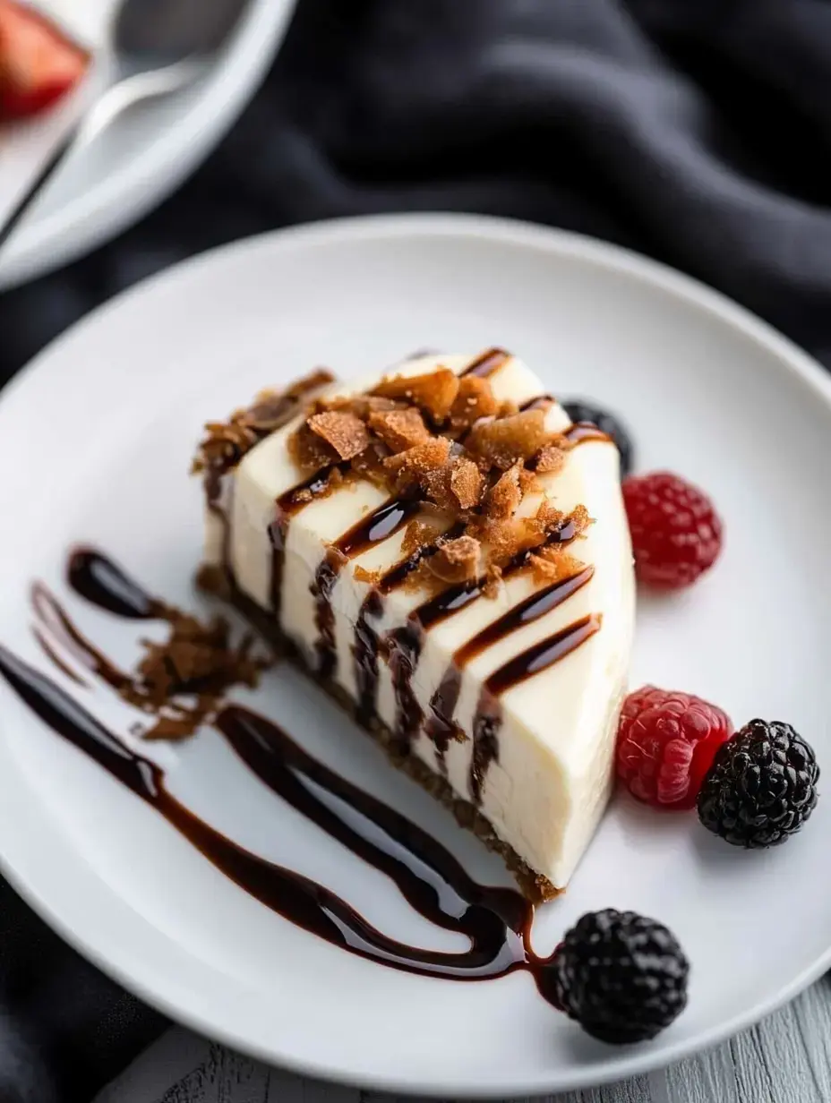 A slice of cheesecake topped with crushed cookies and drizzled with chocolate sauce, accompanied by fresh raspberries and blackberries, served on a white plate.