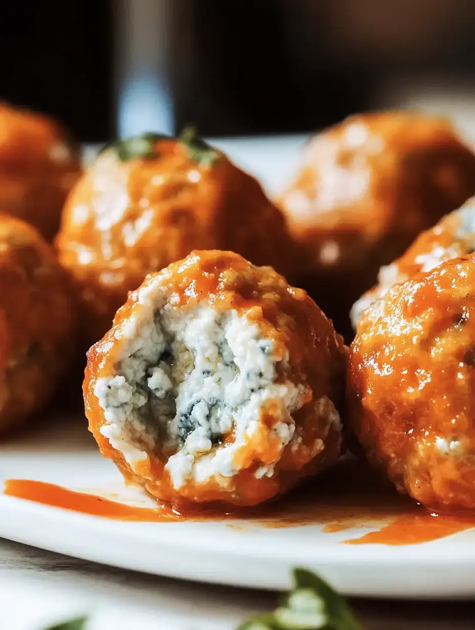 A close-up of meatballs coated in a vibrant orange sauce, with one showing a blue cheese filling.