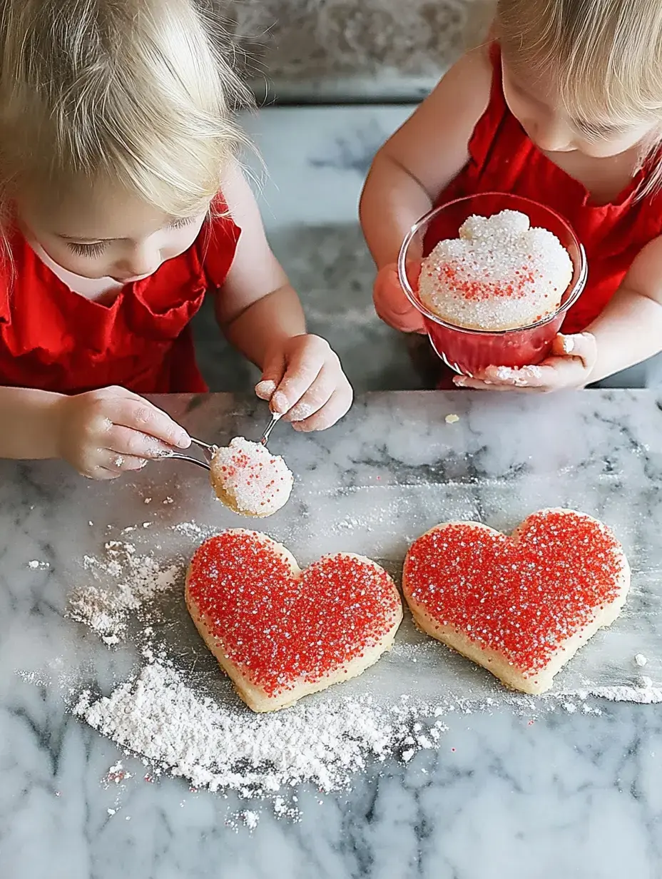 Two young children in red dresses are decorating heart-shaped cookies with colorful sprinkles on a marble countertop.