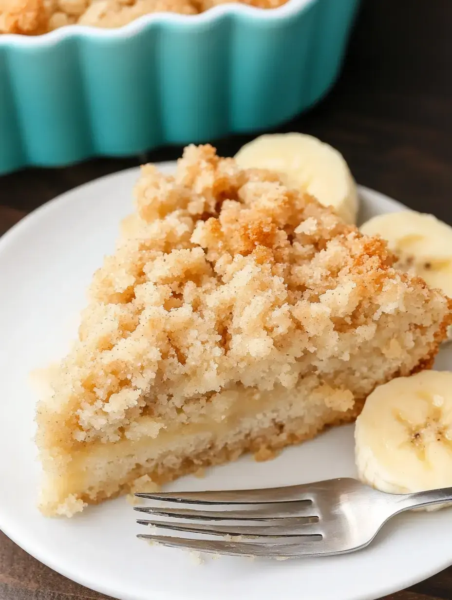 A slice of banana crumb cake is served on a plate alongside banana slices and a fork.