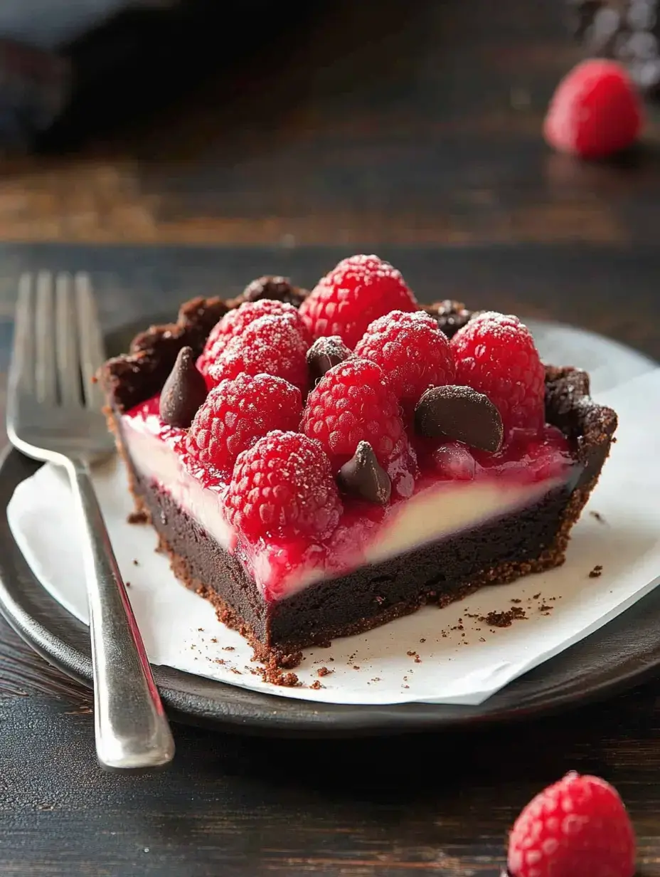 A slice of chocolate raspberry tart topped with fresh raspberries and chocolate chips on a dark plate.