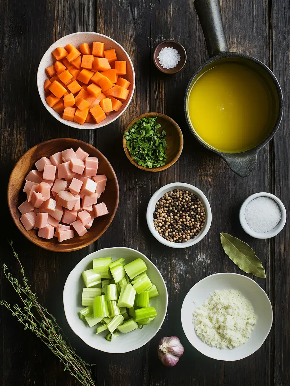 A flat lay of various fresh ingredients for cooking, including diced carrots, celery, chicken, herbs, spices, garlic, and oil arranged on a wooden table.