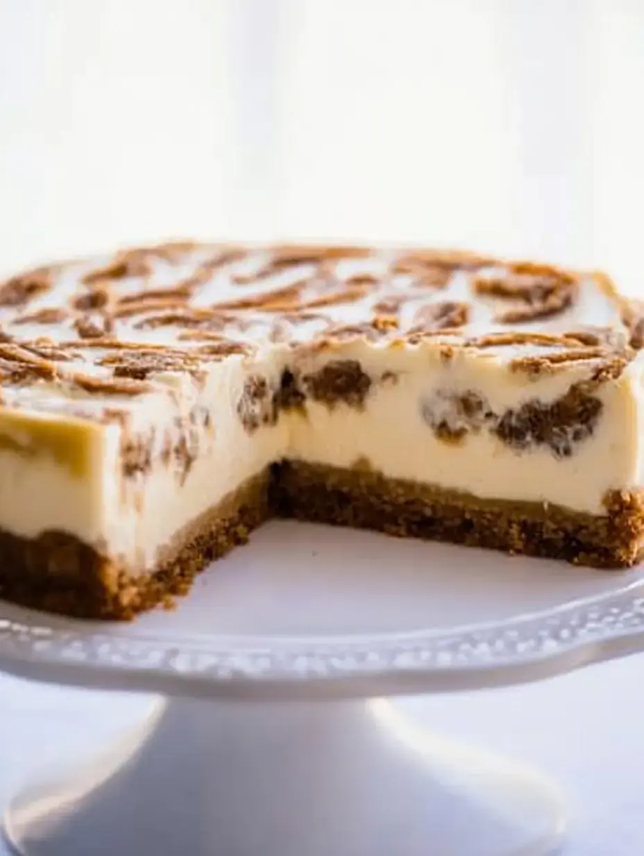 A slice of creamy cheesecake with a cookie crumb crust and a cinnamon swirl on top, displayed on a white cake stand.