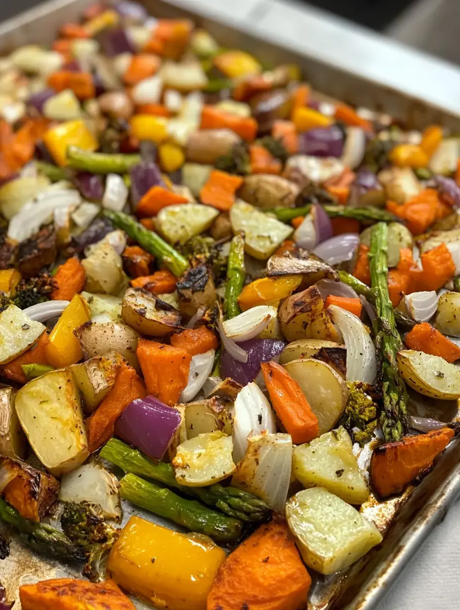 A colorful assortment of roasted vegetables, including sweet potatoes, carrots, onions, asparagus, and bell peppers, arranged on a baking sheet.