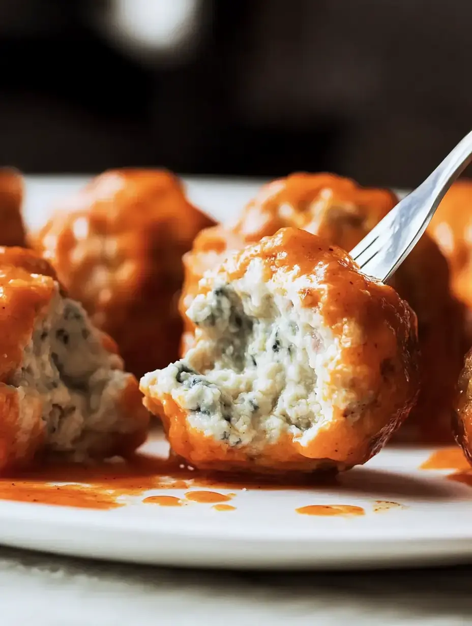 A close-up of meatballs coated in orange sauce, with one meatball cut in half to reveal its filling.