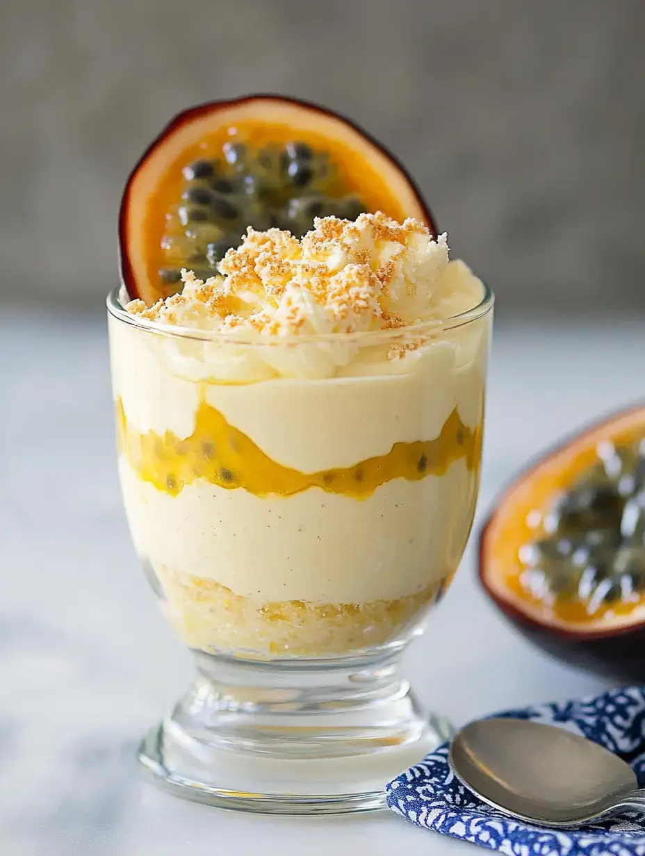 A layered dessert in a glass features creamy filling, passion fruit puree, and whipped topping, garnished with a slice of passion fruit and cookie crumbs.