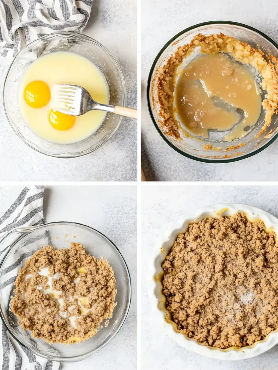 A step-by-step photo collage showing the preparation of a recipe, including beaten eggs, a mixture in a bowl, and a crust in a baking dish.