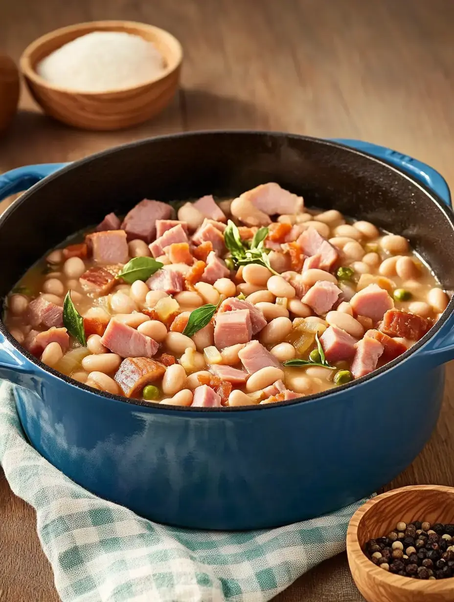 A blue pot filled with ham, white beans, and herbs sits on a wooden table, alongside bowls of salt and pepper.