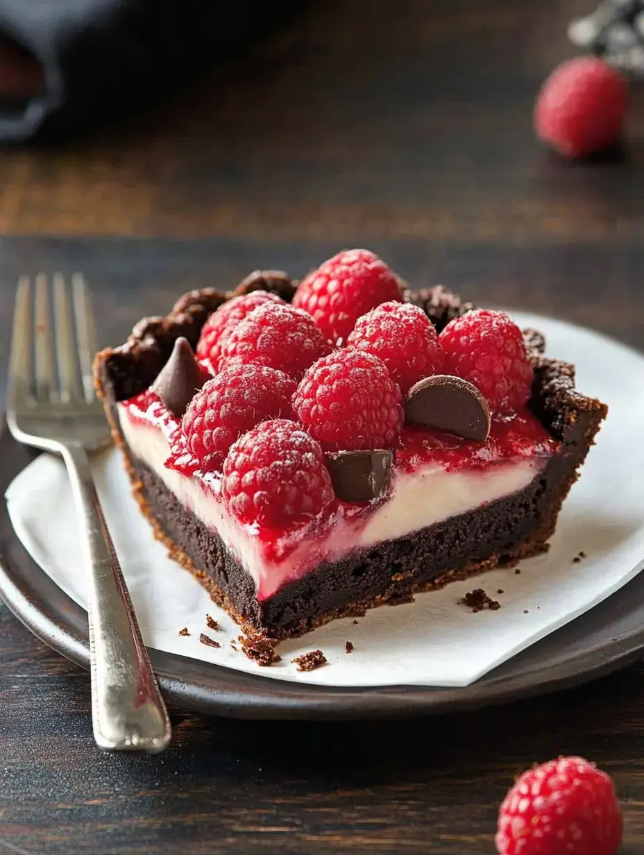 A slice of chocolate tart topped with fresh raspberries and chocolate pieces, resting on a plate with a fork beside it.