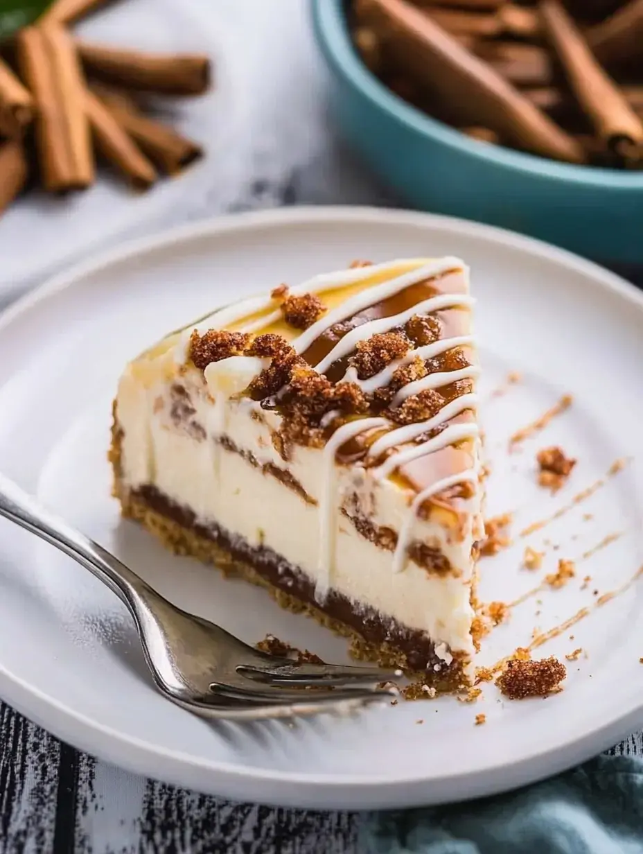 A slice of layered cheesecake drizzled with icing and topped with brown sugar crumbles, served on a plate with a fork beside it.