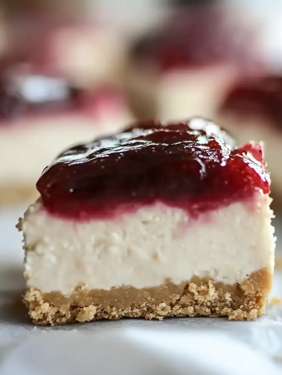 A close-up of a slice of cheesecake topped with a red fruit glaze, showing a golden graham cracker crust.