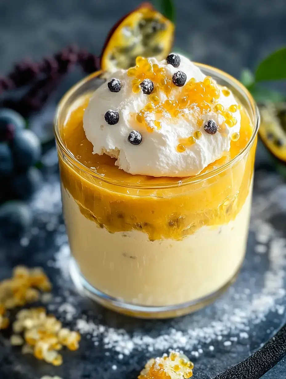 A layered dessert in a glass featuring whipped cream, passion fruit puree, and decorative toppings, surrounded by scattered fruit and garnishes.