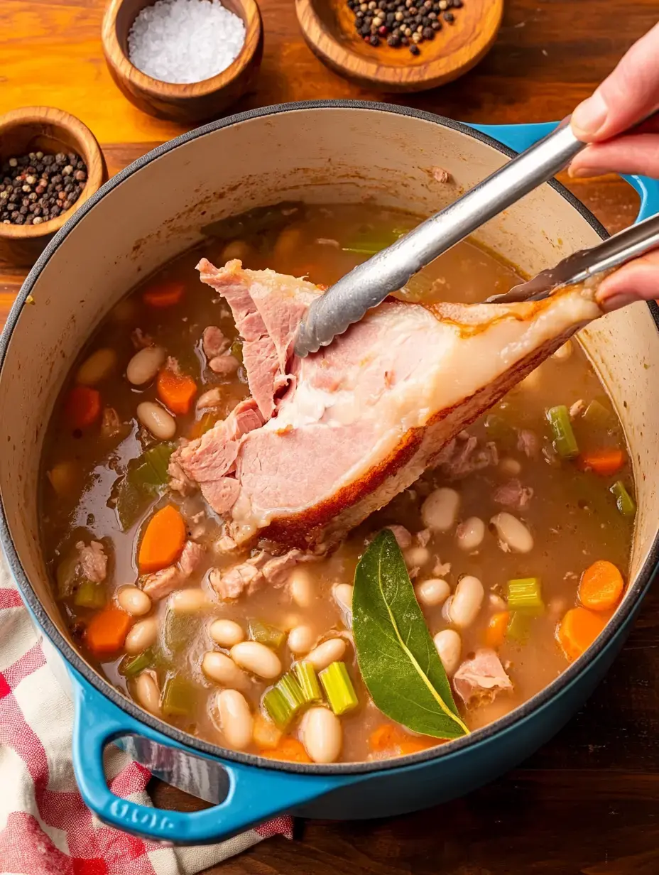 A person uses tongs to lift a piece of ham out of a pot of beans and vegetables, surrounded by bowls of spices.