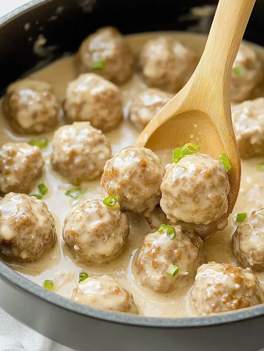 A wooden spoon scoops meatballs in a creamy sauce, garnished with green onions, from a black pot.