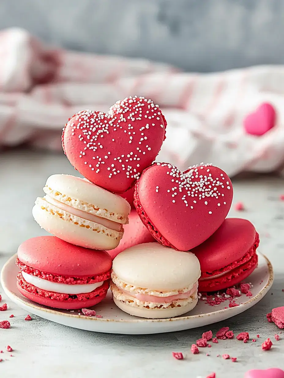 A plate of pink and white macarons, including heart-shaped ones topped with sprinkles, is displayed against a softly blurred background.