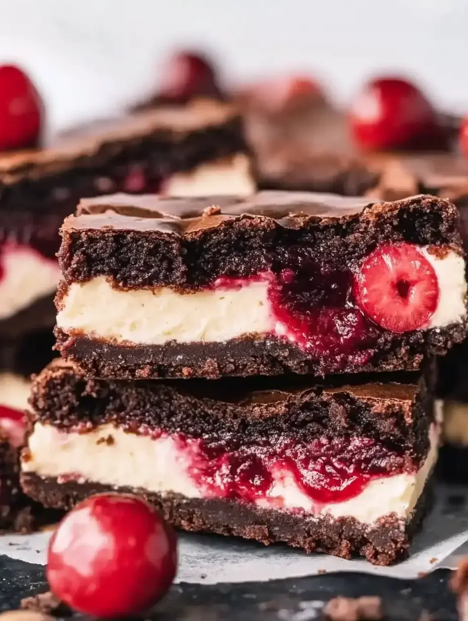 A stack of chocolate brownie squares reveals layers of creamy filling and raspberry jam, accompanied by fresh raspberries.