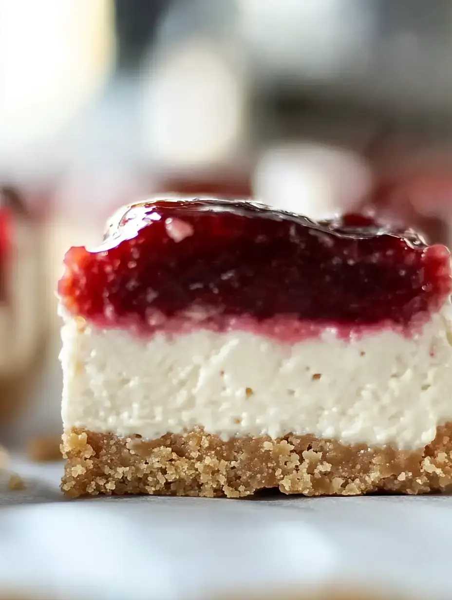 A close-up of a slice of cheesecake layered with creamy white filling and a glossy red fruit topping on a crumbly crust.