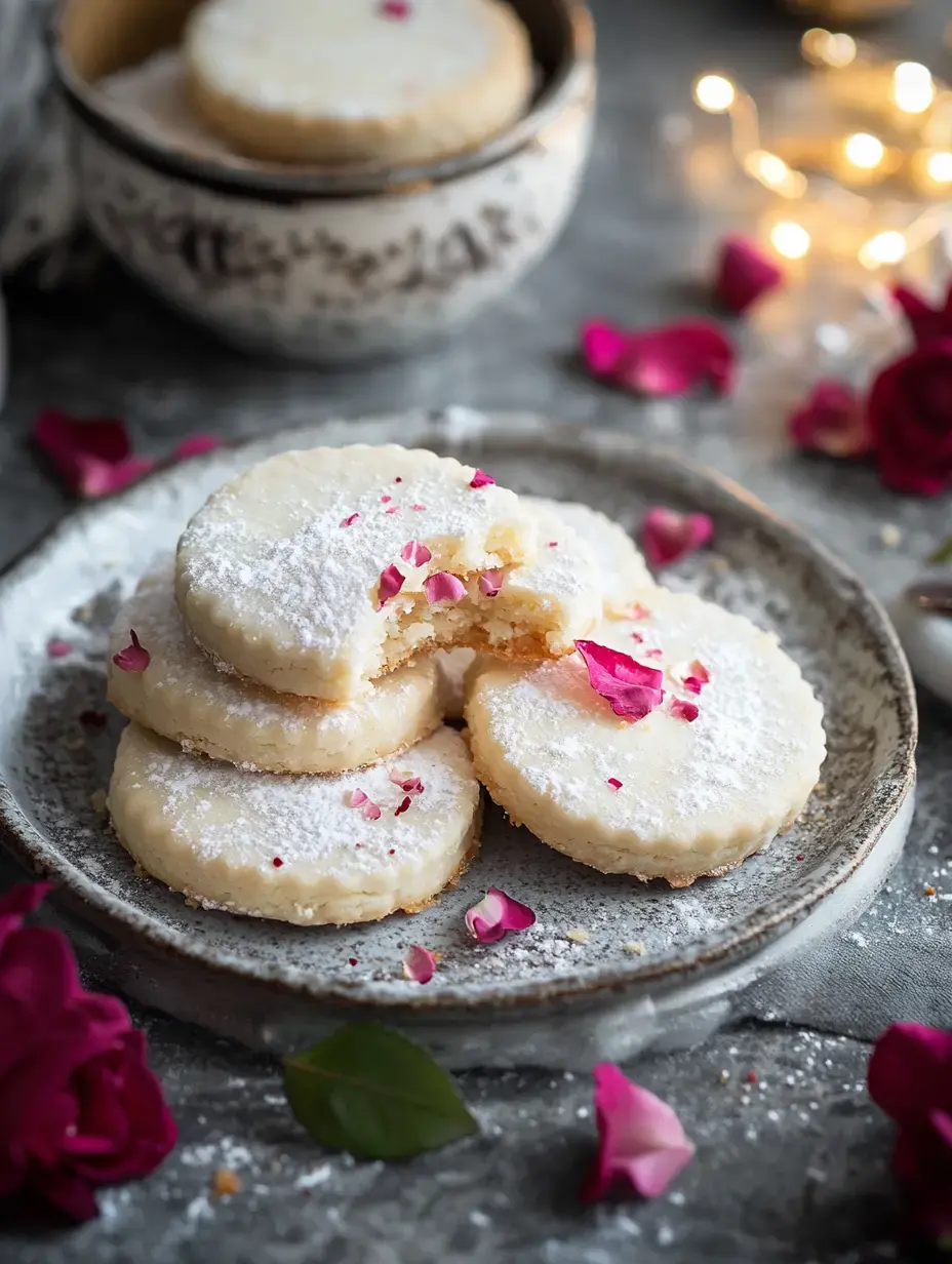 A plate of delicate cookies topped with powdered sugar and rose petals, set against a soft background with scattered rose petals and softly glowing lights.